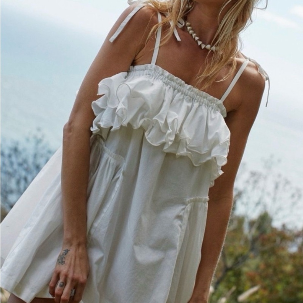 Free People White Poplin Ruffle Mini Dress NWT Size Medium